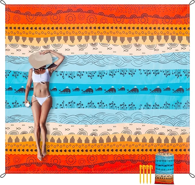 BEW Beach Blanket Waterproof Sandproof Outdoor Picnic Blankets Sand Free for 4 Adults Lightweight Quick Drying Beach Mat for Beach Travel Camping Hiking Boho Beach Essentials Accessories