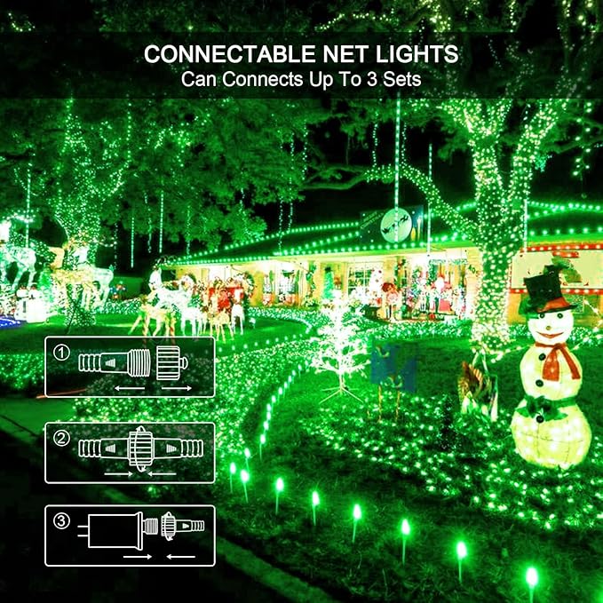 JMEXSUSS Green Christmas Net Lights 360 LED 12ft x 5ft Bush Lights Outdoor Plug in 8 Modes with Remote Connectable for Christmas Patrick Day Decorations Clear Wire