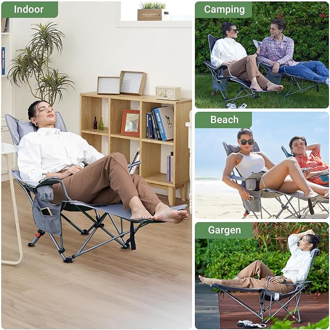 #WEJOY 2-in-1 Camping Chair Reclining Lightweight Folding Camping Chair with Adjustable Backrest &amp Footrest Camping Lounge Chair with Headrest Cup Holder Storage Bag for Beach Lawn Concert