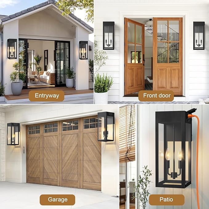 2-Pack 17.87 Extra Large Outdoor Wall Lights with GFCI Outlet Black 2-Light Porch Lights Outdoor Waterproof Exterior Lamp with E12 Sockets for House Porch Patio Garage