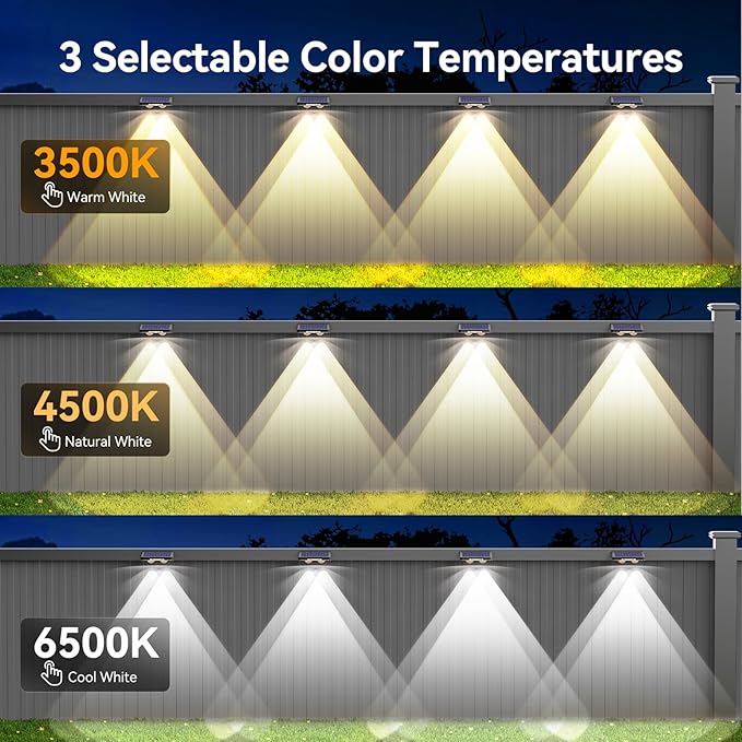 TECKNET Solar Fence Lights Outdoor 12 Pack 3 Modes - Warm/Natural/Cool White IP66 Waterproof Solar Lights for Fence with 2 High Brightness LED Outside lighting Decor for Patio Wall Railing Backyard