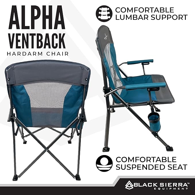 Black Sierra Camping Chair – Folding Portable Lawn &amp Beach Chair with Padded Hard Armrest Mesh Vented Back Spacious Cup Holder Carry Bag – Supports 300 lbs for Sports