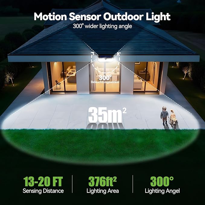 TECKNET 4200LM 416 LED Solar Lights Outdoor IP66 WaterproofSolar Motion Lights Outdoor with 300° Angle &amp 3 Lighting ModesSolar Outdoor Lights for Patio Yard Deck Front Garden Garage- 4 Pack