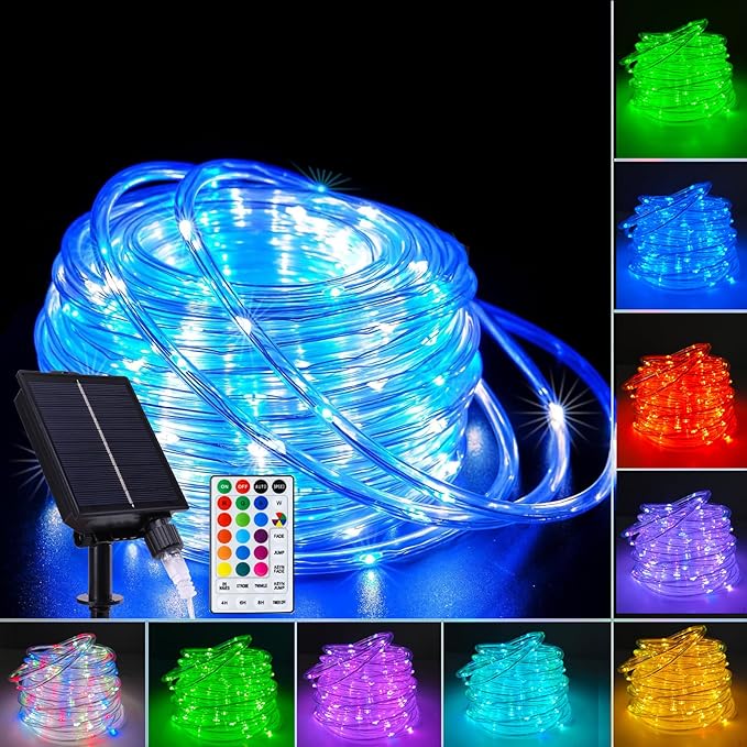Vigdur 33FT Solar Rope Lights Outdoor - 100 LEDs 18 Color Changing LED Rope Lights Waterproof with Remote &amp Timer &amp 8 Lighting Modes Outdoor Trampoline Lights for Xmas Garden Fence Tree Party
