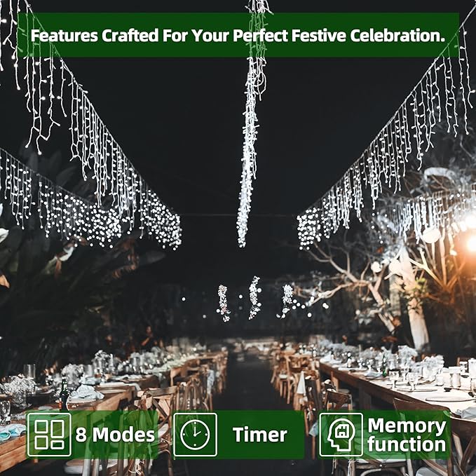 1296 LED Outdoor Christmas Lights with 288 Drops 131FT ChristmasLights with 8 Modes Timer Christmas Twinkly Lights IP44 Waterproof for Eaves Yard Room Holiday Wedding Party Decor(Cool White)