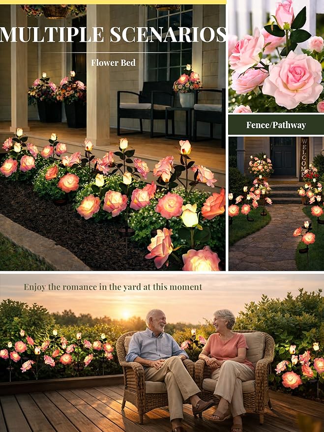 GIGALUMI Solar Lights Outdoor for Garden Decor 3 Pack Solar Flower Lights Waterproof 2 Lighting Modes 9 Roses for PathwayYard Patio Decoration Gardening Gifts for Women (Pink)