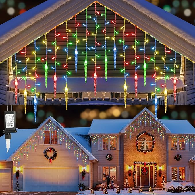 LYHOPE Christmas Icicle Lights 432 LED 35.4ft 8 Modes Low Voltage Icicle String Lights with 72 Drops Icicle Fairy Twinkle Lights for Xmas Eaves Wedding Garden Outdoor Indoor Decor (Multicolor)