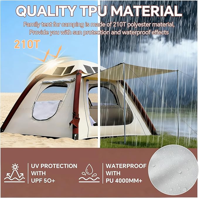 Automatic Inflatable Tent with Air Pump Family Tents for Camping Windproof Waterproof 3 Person Tent Easy Set Up in 2-3 Min Camping Essentials for Backyard Outdoor