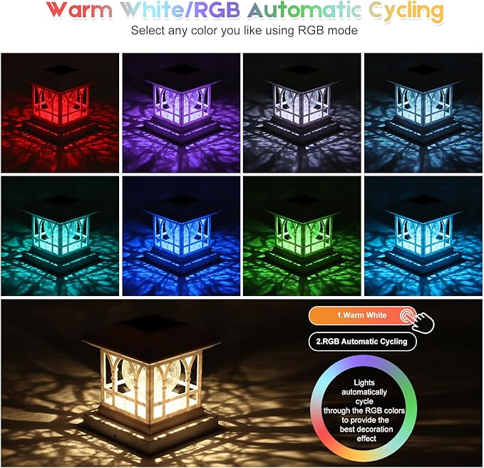 Fence Post Solar Lights Crackle Glass Solar Post Cap Lights 20 Lumens Warm White &amp RGB Automatic Cycling 2 Modes for 3.6x3.6 4x4 4.5x4.5 5x5 Vinyl Wooden Posts Decoration White (2 Pack)