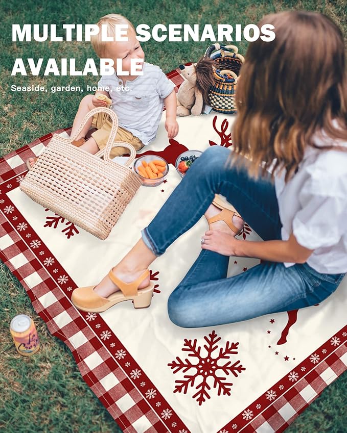 Beach Blanket Waterproof Sandproof OversizedChristmas Animal Elk Winter Snowflake Beach Mat with Corner Stakes Sand PocketsRed Buffalo Plaid White Check Outdoor Picnic Mat for Travel 95x80In