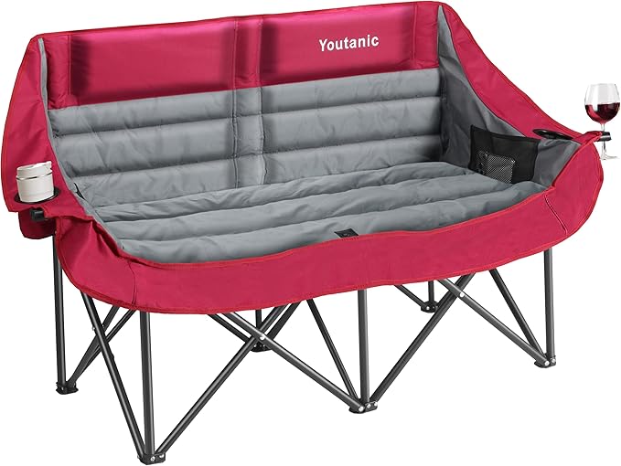 Oversized Double Camping Chair Folding Loveseat Camping Couch with Pocket Cup Holder and Carry Bag Heavy Duty Portable Camping Chairs for Adults Fishing Sports Trip up to 660lbs Red