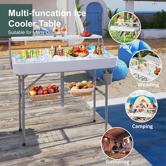 Ice Cooler Table with Drain Two-Tier Plastic Folding Tables with Removable Matching Skirt and Shelf Indoor Outdoor Use for Party Camping Picnic Fishing Cleaning 440 lbs Capacity