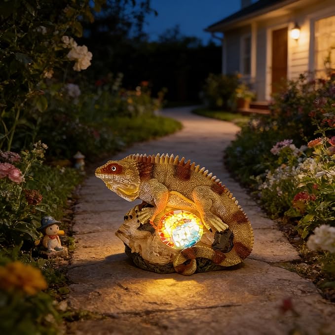 Solar Chameleon Garden Statues Decor for Outdoor Khaki Chameleon Figurine Lights for Lawn Patio Yard Decoration - Unique Christmas Housewarming Gifts for Grandma Wowen Mom