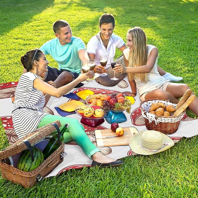 Waterproof Sandproof Beach Blanket 59''×68'' Vegetables Mushrooms Polyester Outdoor Picnic Blanket with 4 Stakes &amp Storage Bag for BeachCampingVacation Red