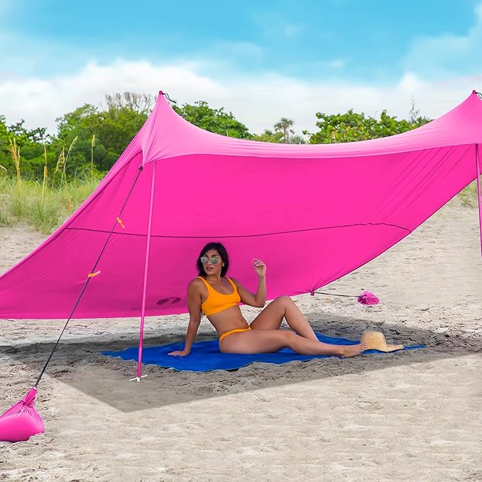 Red Suricata Family Beach Parasol - Sun Shade Canopy | UPF 50 UV Protection | Tent with 4 Aluminium Poles 4 Pole Anchors 4 Sandbag Anchors | Large &amp Portable Shelter Tarp