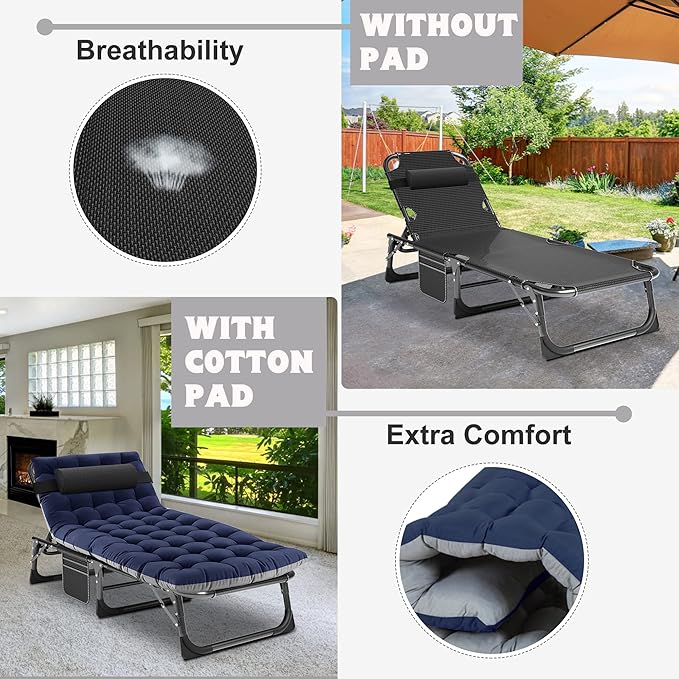 ABORON 5 Positions Camping Cots for AdultsOutdoor Folding Sleeping Cot/MatFolding Chaise Lounge Chair with PillowPortable Reclining Chair for Beach Lawn Camping PoolSunbathing Chairs