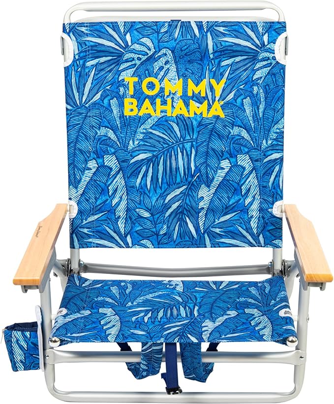 Tommy Bahama 2-Pack 5-Position Classic Lay Flat Backpack Beach Chair with Cooler and Cup Holder Portable Folding Beach Chair for Tanning Blue Tropical Leaves