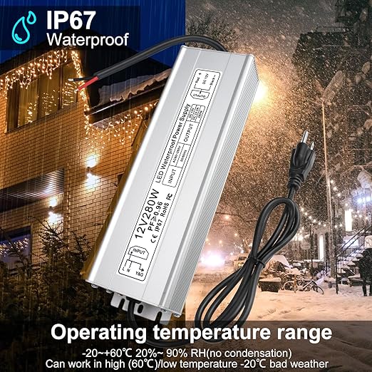 inShareplus 12V 280W Power Supply AC 110-260V to DC 12 Volt IP67 Waterproof LED Driver DC 12V 23.33A Low Voltage Transformer with 3-Prong Plug for LED Outdoor Light Computer Project