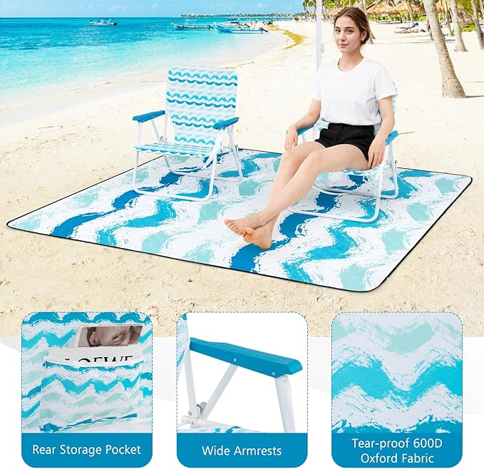 Tangkula 4 Pieces Beach Chair Set 2 Backpack Beach Chairs with Umbrella &amp Blanket Cup Holder &amp Armrests UPF50+ Folding Beach Umbrella with Tilt Adjustment Carrying Bag &amp Sand Anchor (B