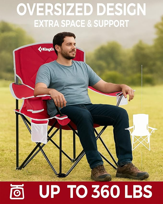 KingCamp Oversized Camping Chair Portable Folding Outdoor Chairs with Comfortable Padded Seat Side Pocket and Cup Holder for Fishing Tailgates Beach Lawn RED