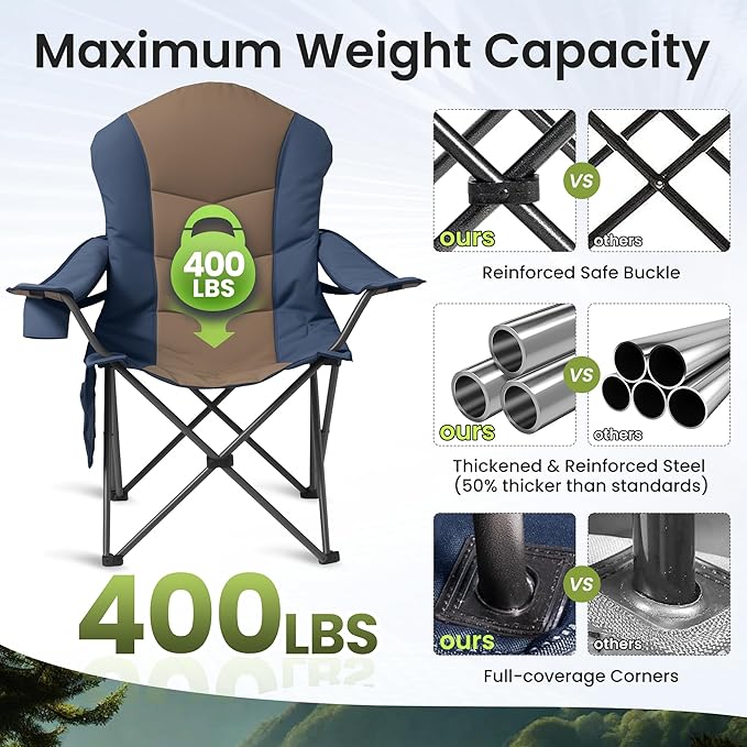 2 Pack Folding Camping Chairs for Adults - High Back Padded Outdoor Lawn Chairs with Lumbar Support &amp Cup Holder 400lbs Heavy Duty Portable Camping Chairs Set (Light Blue &amp Brown 2 PCS)