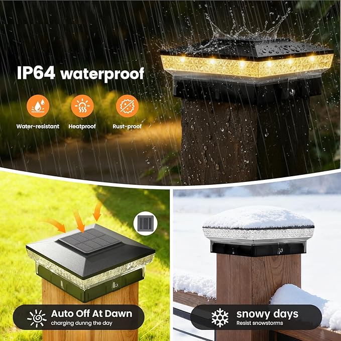 VOLISUN Solar Post Cap Lights 4x4 Solar Deck Post Lights Outdoor IP64 Waterproof Deck Post Lights Solar Powered (6 Pack Black)