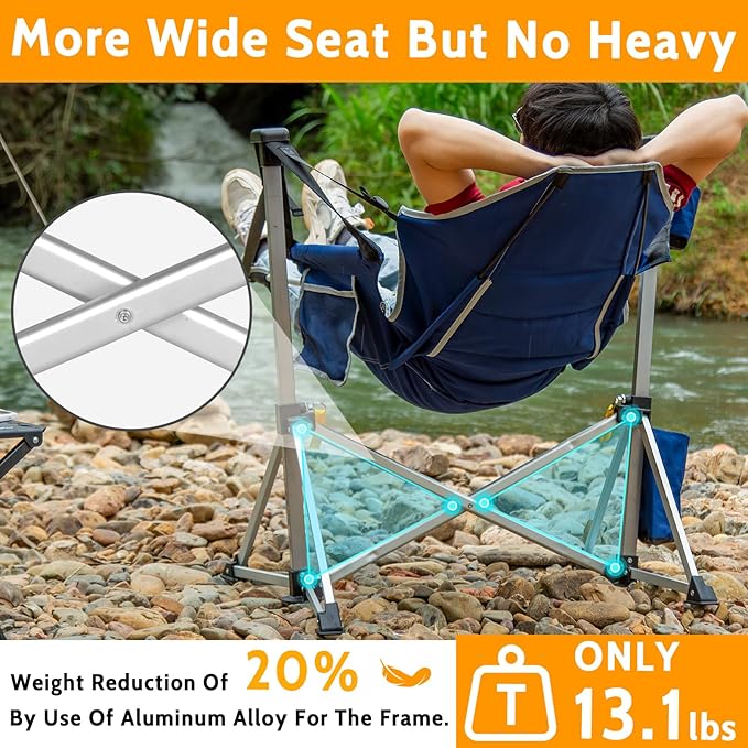 Romswi 2-Pack Aluminum Hammock Chair with Footrest Oversized Portable Folding Swinging Chair with Adjustable Back &amp Seat Lightweight Rocking Camp Chair Supports 440lbs for Outdoor Patio - Blue