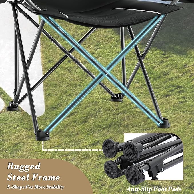 Athena Collection Portable Camping Chair for Outdoor Foldable Outdoor Beach Camping Chair with Adjustable Backrest &amp Armrest Oversized Padded Chair Folding Lawn Chair with Cooler &amp Cup Holde