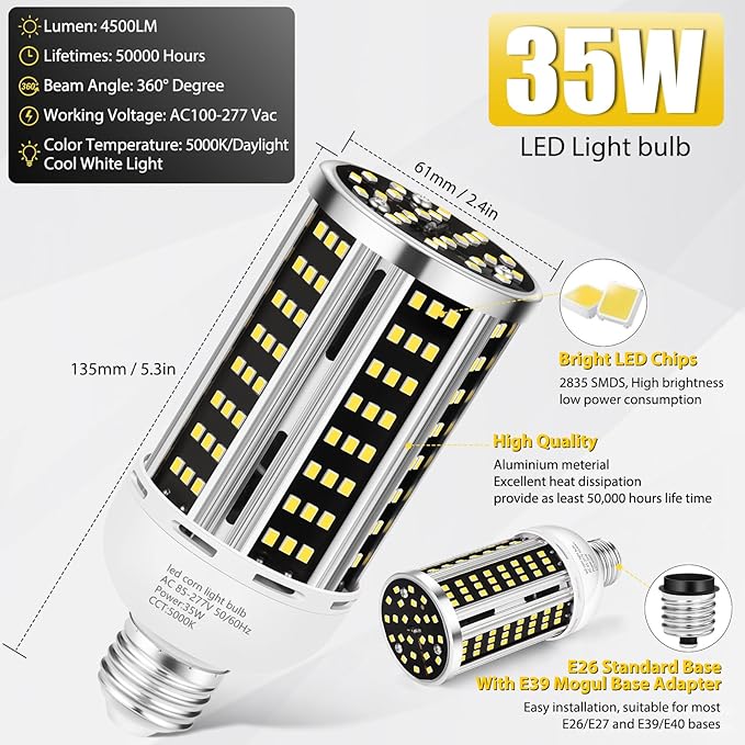 35W LED Corn Light Bulb 2 pack(300W Equivalent )Commercial Grade Daylight 5000K E26/E39 5000LM Medium Mogul Base LED LampLarge Area Lights For Outdoor Indoor Garage Warehouse Factory Bay Light