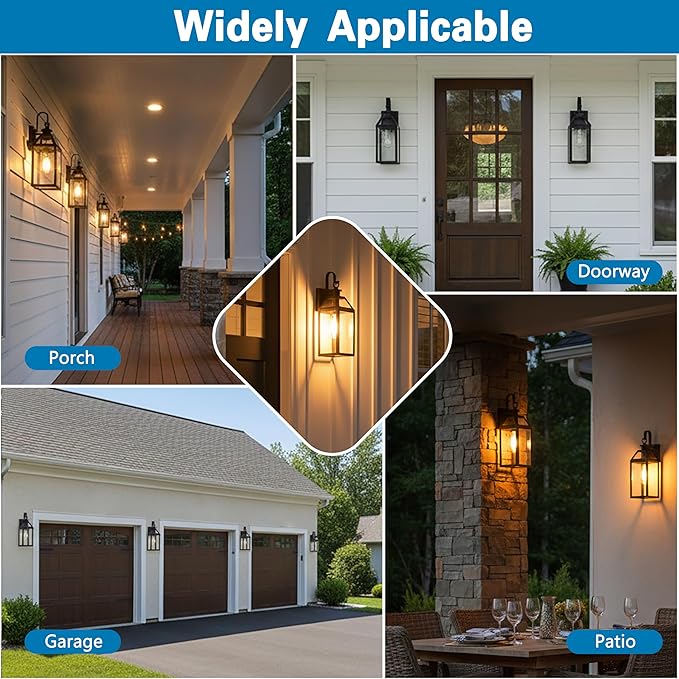 16 Dusk to Dawn Outdoor Wall Light with Sensor - Waterproof Exterior Wall Sconce for Porch Patio Garage Front Door Balcony Entry Modern Hardwired Lantern in Black Metal &amp Glass E26 - 2 Pack