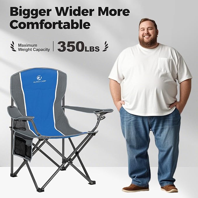 ALPHA CAMP Oversized Camping Folding Chair - Heavy Duty Steel Frame Support 350 LBS Collapsible Padded Arm With Cup Holder Quad Lumbar Back Portable for Outdoor/Indoor