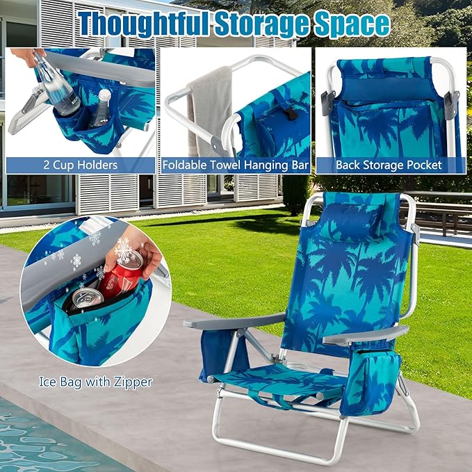 GYMAX Beach Chairs Backpack Camping Chair with Armrest Cooler Bag Cup Holder Towel Bar &amp Side Pockets Sunbath Sling Tanning Lounge Folding Layout Chair (Without Table Coconut Tree)