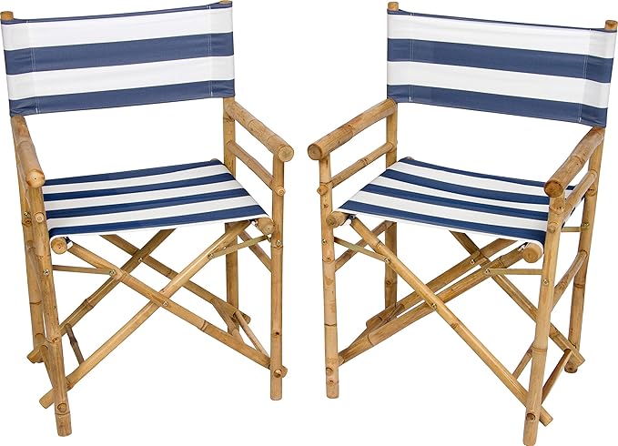 Statra Folding Director Chair Bamboo Portable Camping Outdoor Set of 2 Blue White Stripes