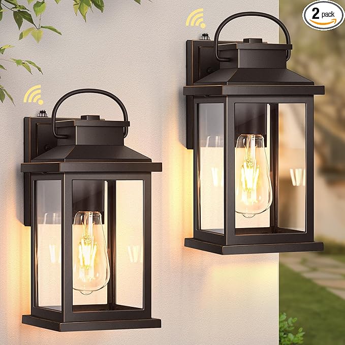 VIANIS Outdoor Porch Lights for House Farmhouse Oil Rubbed Bronze Gold Trim Exterior Light Fixtures Wall Mount Sconce Anti-Rust Dusk to Dawn Outdoor Lighting Lantern for Garage Front Patio 2-Pack