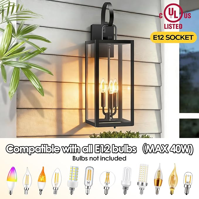 25'' Large Dusk to Dawn Outdoor Wall Light with Closed Bottom 2-Pack Waterproof Porch Lights Outdoor Anti Rust Modern Sconce Lights with E12 Socket for Big House