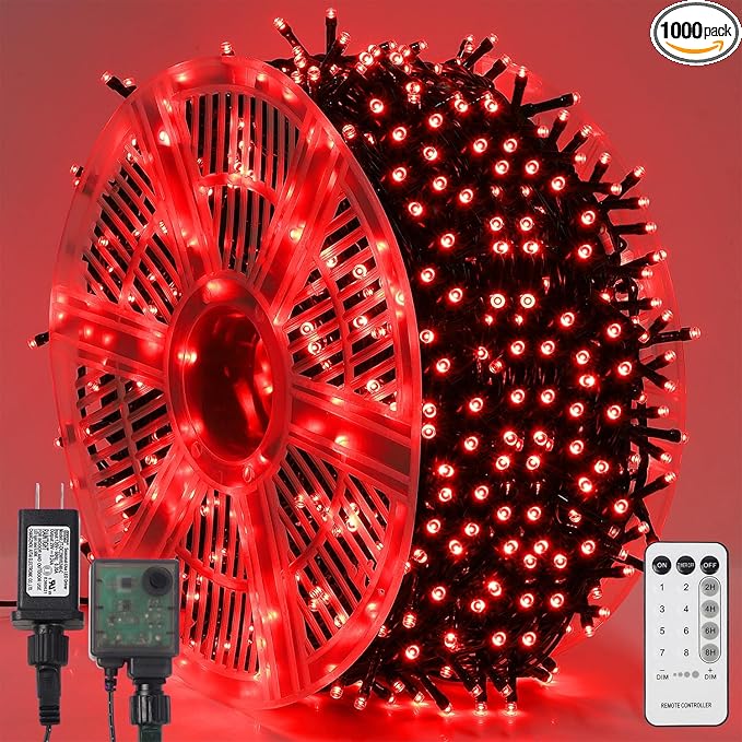 WATERGLIDE 1000 LED Valentines String Lights 328 FT Green Wire LED Decorative Fairy Lights with Remote &amp 8 Modes Waterproof for Outdoor Christmas Holiday Party Garden Wedding Home Decor Red