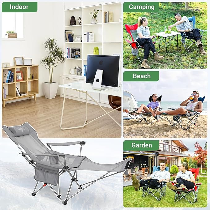 #WEJOY 2-in-1 Reclining Camping Chair Lightweight Folding Camping Chair with Adjustable Backrest &amp Footrest Camping Lounge Chair with Headrest Cup Holder Storage Bag for Beach Lawn Concert