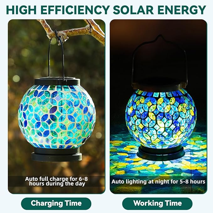 VOREEN Mosaic Solar Lanterns Handmade Outdoor Glass Hanging Light Waterproof Solar Table Lamp Gift for Mom Wife Friend Decor for Garden Patio Yard Balcony Green &amp Yellow Leaves Pattern