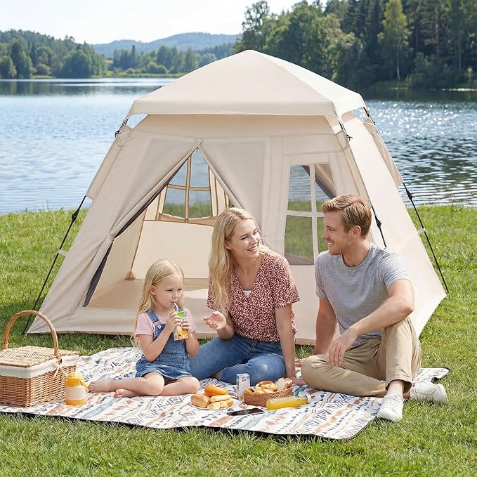 Tangkula 4 Person Camping Tent Instant Pop-Up Cabin Tent with Removable Rainfly Mesh Windows &amp Dual Doors Carrying Bag Portable Outdoor Family Shelter for Picnic Backpacking Traveling