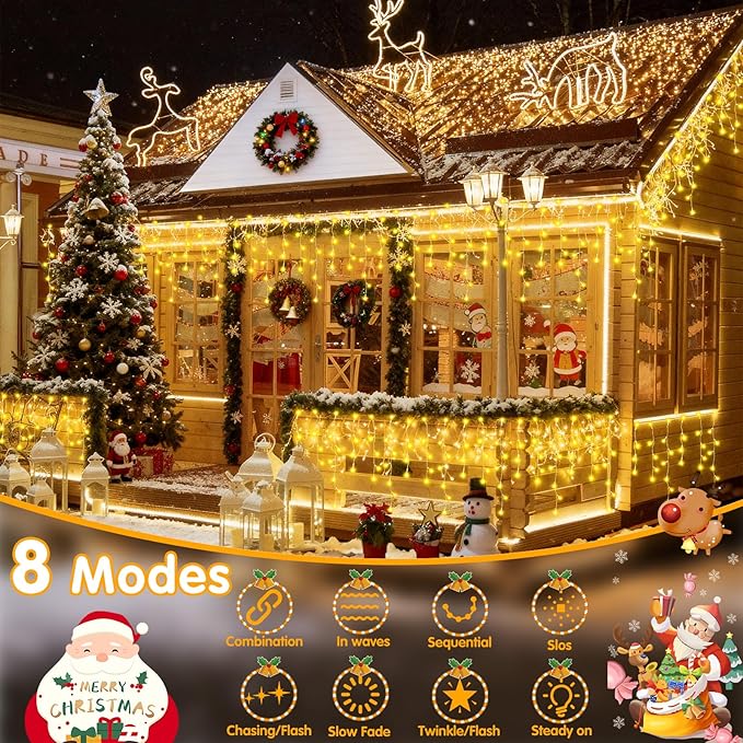 Hezbjiti 800LED Ice Lights 66FT Christmas Lights String Lights Outdoor Decoration 8 Modes 75 Drops Fairy Lights for Eaves Party Yard Garden Xmas Decor