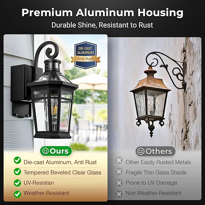 OPAIXS Motion Sensor Outdoor Wall Lights with Outlet Black Front Porch Light with GFCI Outlet Modern Coach Lights for Garage Waterproof Exterior Wall Sconce Lantern E26 Outside Wall Light Fixture
