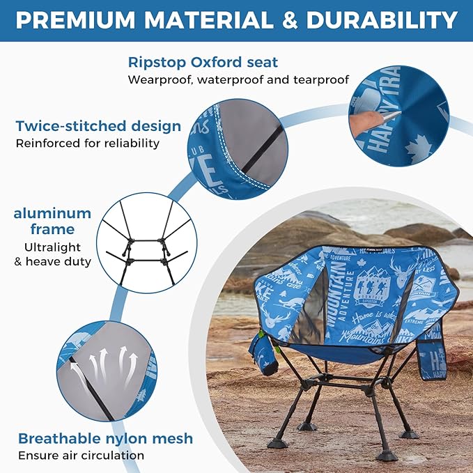 ATEPA UFO3.0 Backpacking Camping Chair Ultralight Extra Wide Comfortable Folding Chairs Heavy Duty Portable Hexagon Ergonomic Height Adjustable Seat with Anti-Sinking Feet for Hiking Outdoor Blue