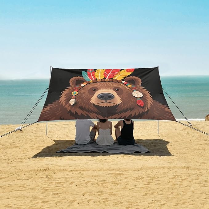 Retro Exquisite Bear Beach Tent Camping Sun Shelters Portable Outdoor Canopy Sun Shade for Camping Trips Fishing Backyard Fun or Picnics Easy Setup with Carrying Bag