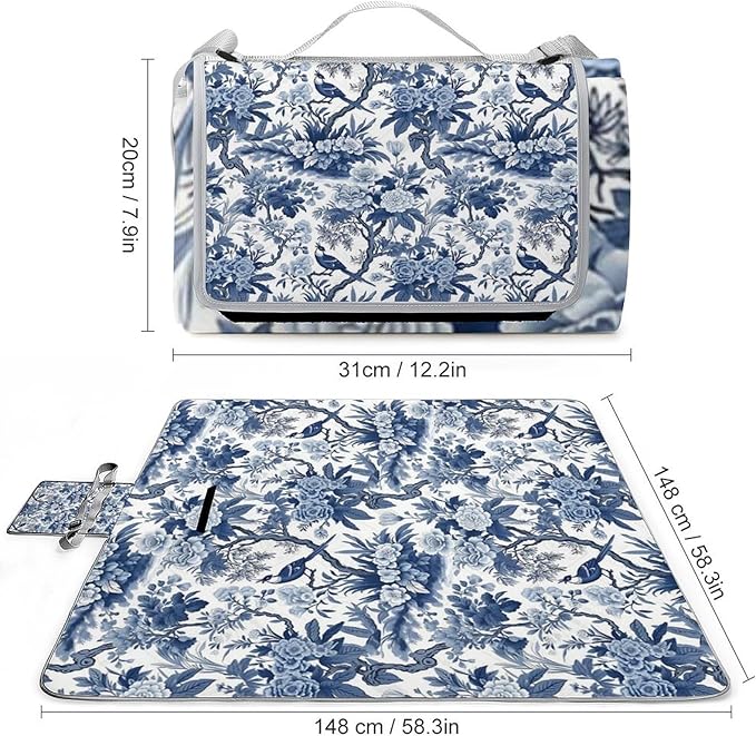 Blue and White Chinese Style Chinoiserie Folk Waterproof Outdoor Picnic Blanket Sandproof Beach Mat for Camping Hiking Grass Travelling