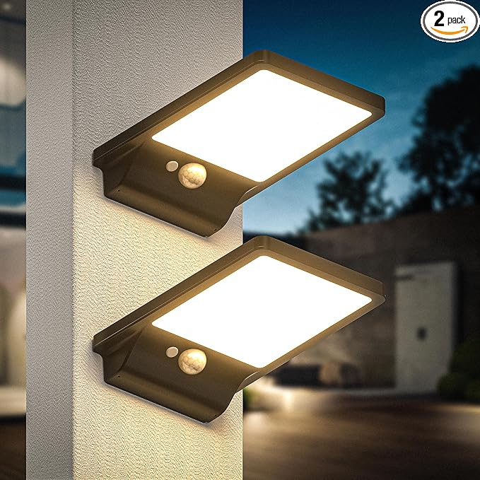 (2 Pack) Solar Outdoor Wall Light Waterproof 2025 Model 2000mAh Battery 350 Lumens 3 Modes 3000K Warm White Motion Sensor Solar Lights for Fences Camping Steps Deck Doors Posts Patios