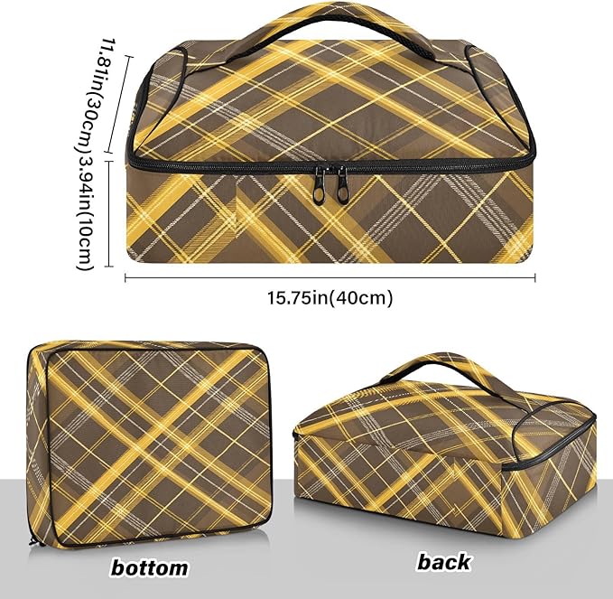 Casserole Carrier Yellow and Brown Tartan Pattern Insulated Casserole Carrier for Hot or Cold Food Thermal Lunch Tote for Parties Picnic Travel Carry Bag