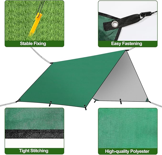 Rhino Valley Waterproof Tent Tarp 9.8 × 9.8 Ft Large Outdoor Shelter Cover with Light Strings Lightweight Portable Tarp Shelter Rain Tarp Camping Canopy for Hiking Traveling Backpacking