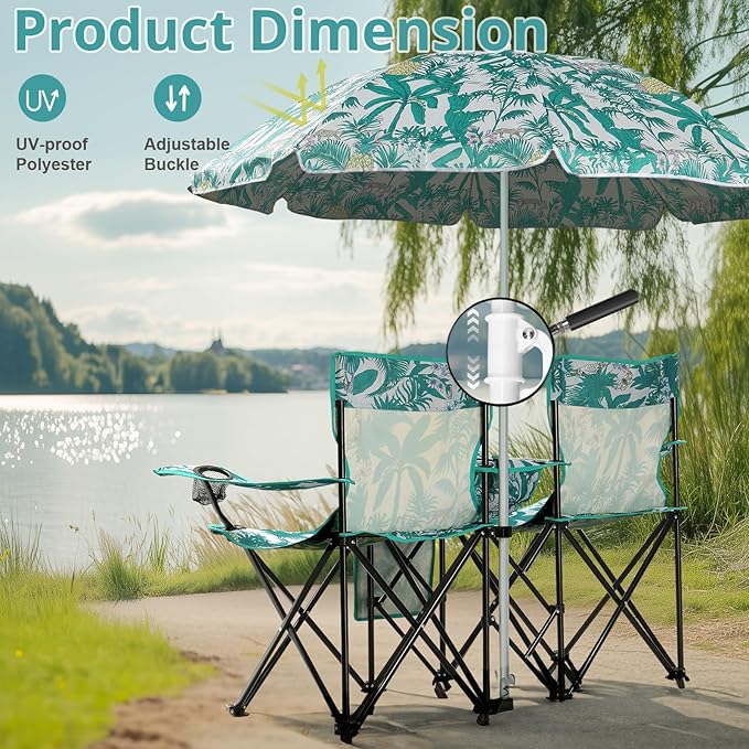 2-Person Folding Camp and Beach Chair Camping Chair with Umbrella Folding Loveseat Chairs w/Canopy ShadeCup Holder Portable Beach Chairs Picnic Patio Easy to Use - Pineapple
