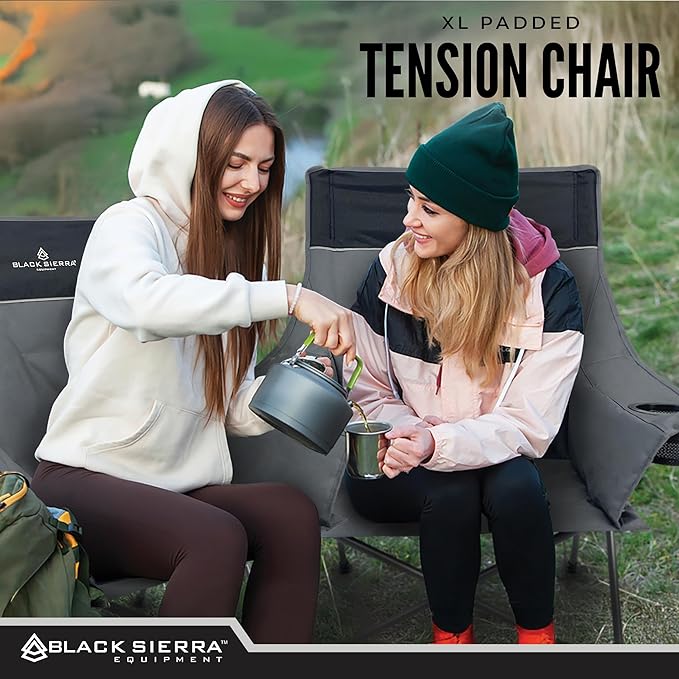 Black Sierra Camping Chair – XL Outdoor Foldable Seat Padded Tension Heavy-Duty Steel Frame Supports 300 lbs – Portable Lightweight for Camping Sports Patio Events