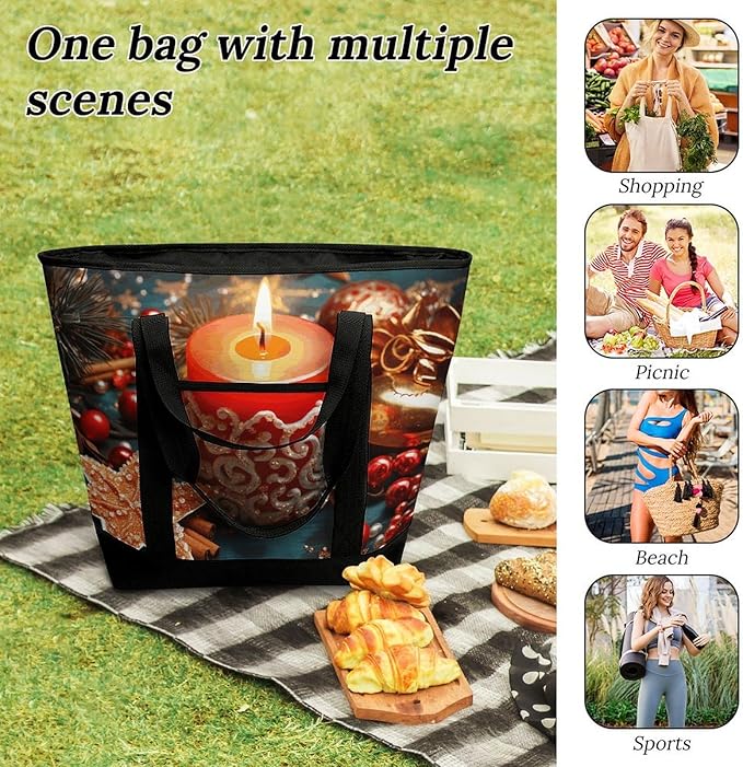 Insulated Shopping BagLarge Reusable Cooler Bags Christmas Candle Printed Foldable Shopping BagTravel Waterproof Shoulder Bag